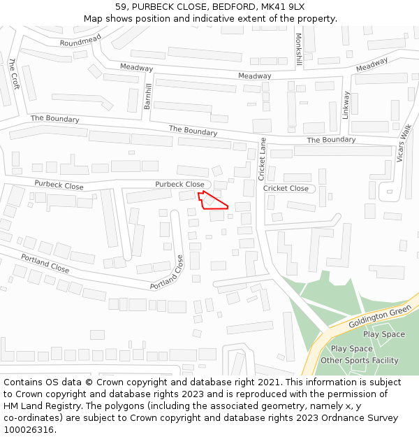 59, PURBECK CLOSE, BEDFORD, MK41 9LX: Location map and indicative extent of plot