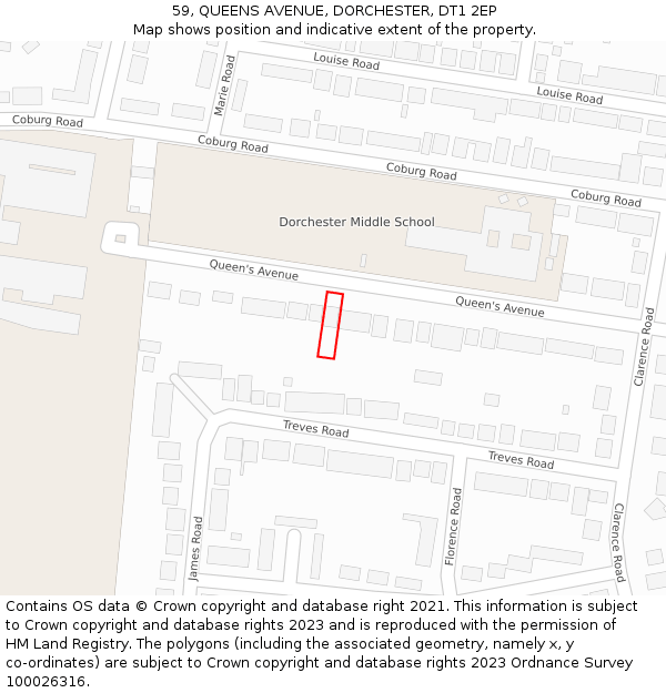 59, QUEENS AVENUE, DORCHESTER, DT1 2EP: Location map and indicative extent of plot