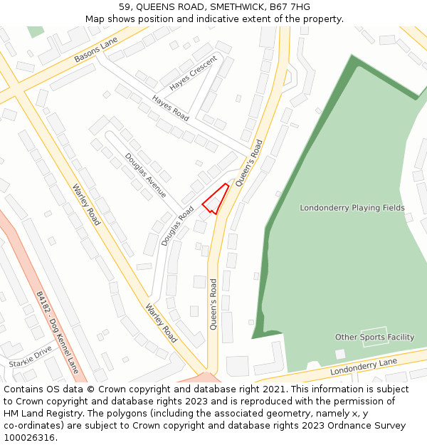 59, QUEENS ROAD, SMETHWICK, B67 7HG: Location map and indicative extent of plot