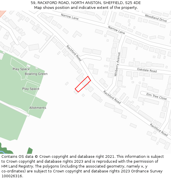 59, RACKFORD ROAD, NORTH ANSTON, SHEFFIELD, S25 4DE: Location map and indicative extent of plot