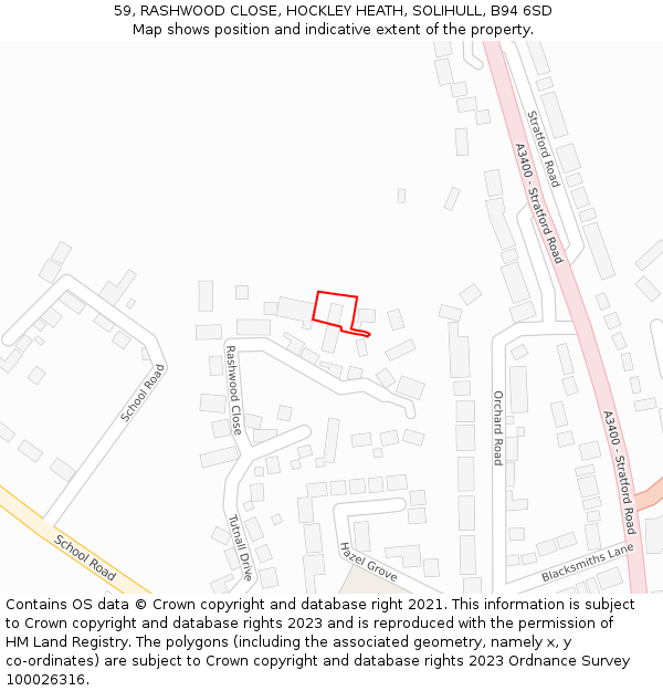 59, RASHWOOD CLOSE, HOCKLEY HEATH, SOLIHULL, B94 6SD: Location map and indicative extent of plot