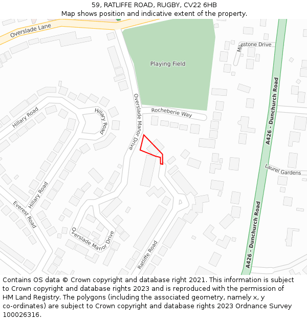 59, RATLIFFE ROAD, RUGBY, CV22 6HB: Location map and indicative extent of plot