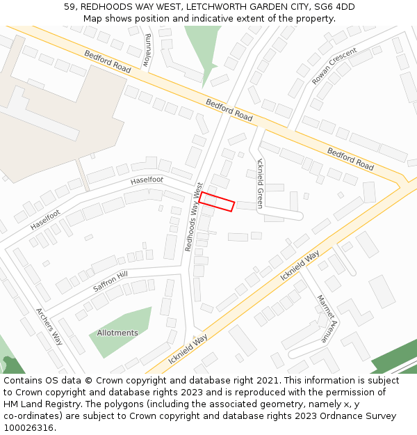 59, REDHOODS WAY WEST, LETCHWORTH GARDEN CITY, SG6 4DD: Location map and indicative extent of plot