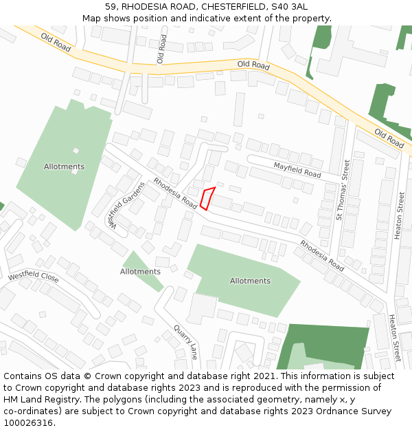 59, RHODESIA ROAD, CHESTERFIELD, S40 3AL: Location map and indicative extent of plot