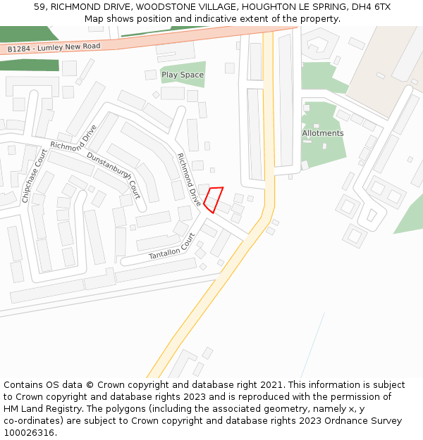 59, RICHMOND DRIVE, WOODSTONE VILLAGE, HOUGHTON LE SPRING, DH4 6TX: Location map and indicative extent of plot