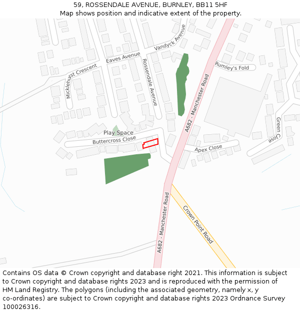 59, ROSSENDALE AVENUE, BURNLEY, BB11 5HF: Location map and indicative extent of plot