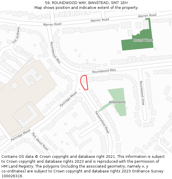 59, ROUNDWOOD WAY, BANSTEAD, SM7 1EH: Location map and indicative extent of plot