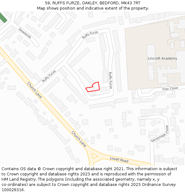 59, RUFFS FURZE, OAKLEY, BEDFORD, MK43 7RT: Location map and indicative extent of plot