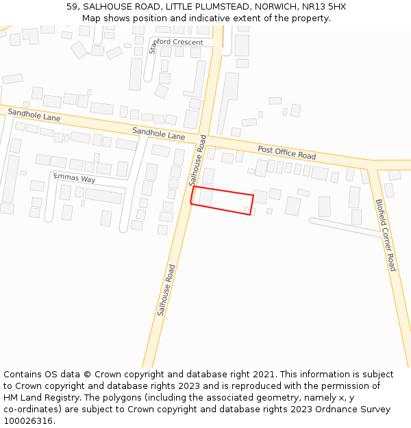 59, SALHOUSE ROAD, LITTLE PLUMSTEAD, NORWICH, NR13 5HX: Location map and indicative extent of plot
