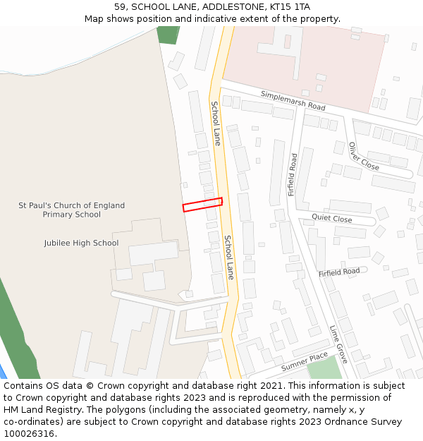 59, SCHOOL LANE, ADDLESTONE, KT15 1TA: Location map and indicative extent of plot