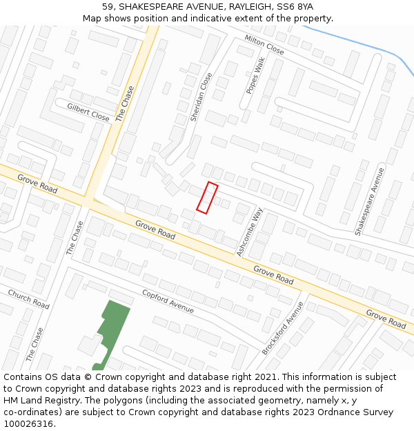 59, SHAKESPEARE AVENUE, RAYLEIGH, SS6 8YA: Location map and indicative extent of plot