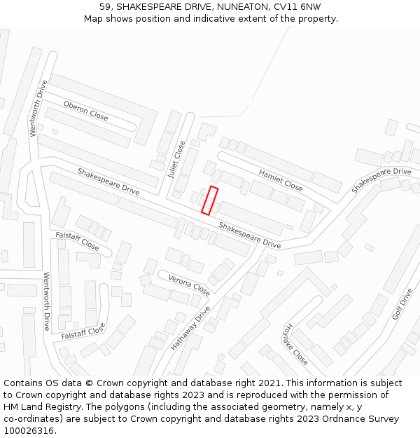 59, SHAKESPEARE DRIVE, NUNEATON, CV11 6NW: Location map and indicative extent of plot