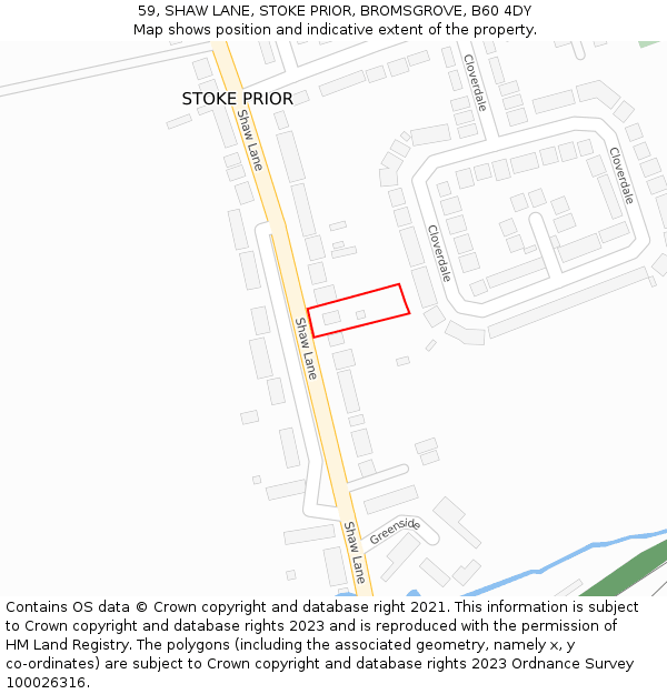 59, SHAW LANE, STOKE PRIOR, BROMSGROVE, B60 4DY: Location map and indicative extent of plot