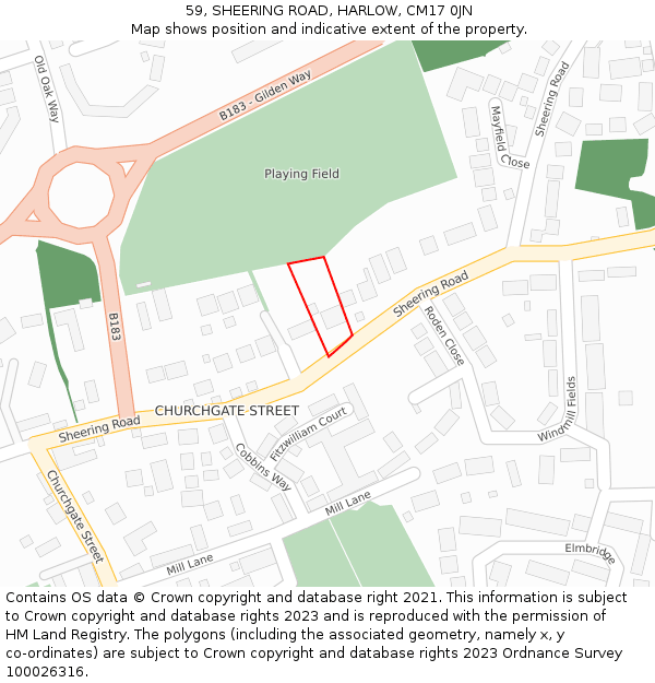 59, SHEERING ROAD, HARLOW, CM17 0JN: Location map and indicative extent of plot