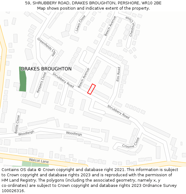 59, SHRUBBERY ROAD, DRAKES BROUGHTON, PERSHORE, WR10 2BE: Location map and indicative extent of plot