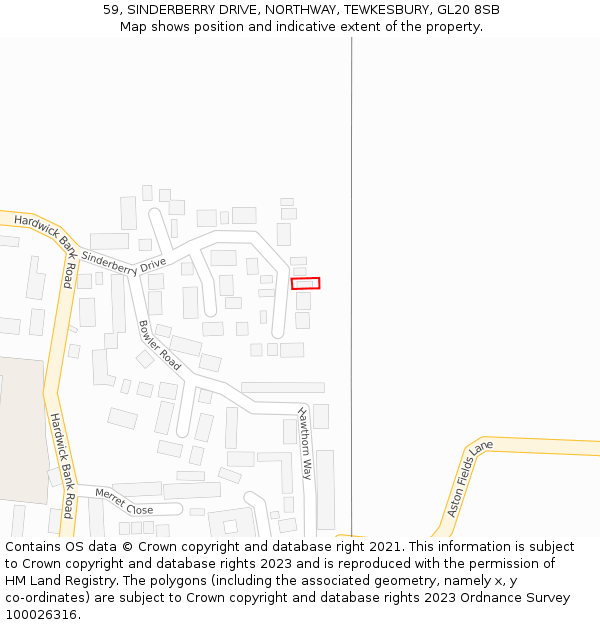 59, SINDERBERRY DRIVE, NORTHWAY, TEWKESBURY, GL20 8SB: Location map and indicative extent of plot