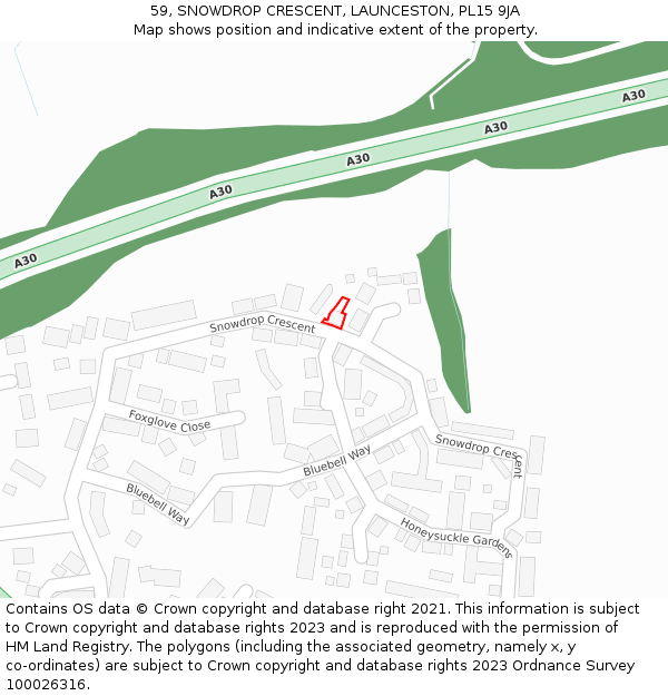 59, SNOWDROP CRESCENT, LAUNCESTON, PL15 9JA: Location map and indicative extent of plot