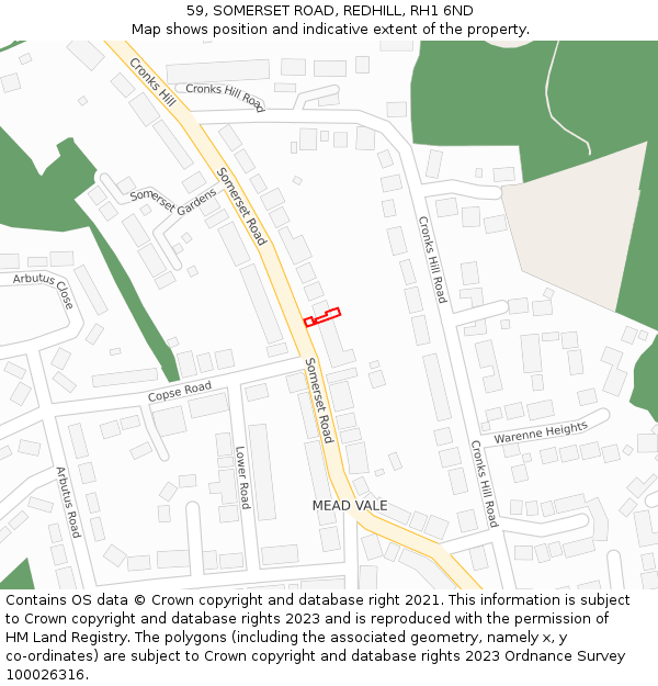 59, SOMERSET ROAD, REDHILL, RH1 6ND: Location map and indicative extent of plot