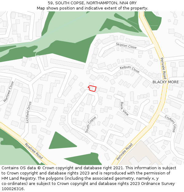59, SOUTH COPSE, NORTHAMPTON, NN4 0RY: Location map and indicative extent of plot