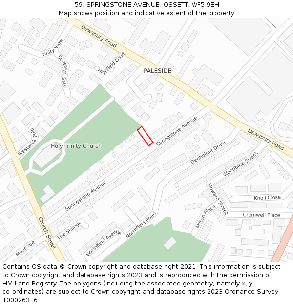 59, SPRINGSTONE AVENUE, OSSETT, WF5 9EH: Location map and indicative extent of plot