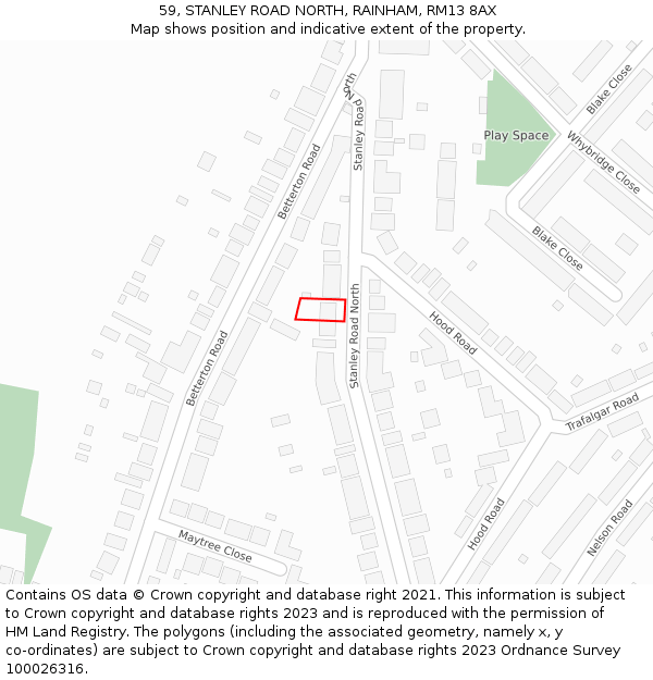59, STANLEY ROAD NORTH, RAINHAM, RM13 8AX: Location map and indicative extent of plot
