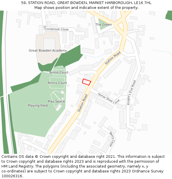 59, STATION ROAD, GREAT BOWDEN, MARKET HARBOROUGH, LE16 7HL: Location map and indicative extent of plot