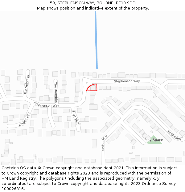 59, STEPHENSON WAY, BOURNE, PE10 9DD: Location map and indicative extent of plot