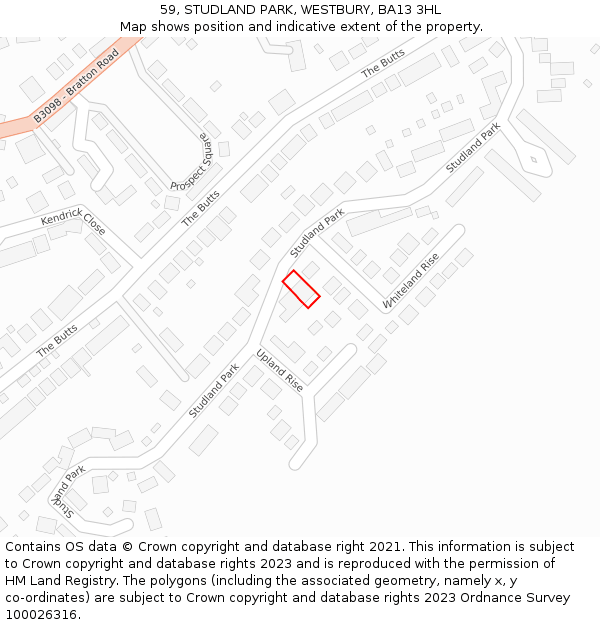 59, STUDLAND PARK, WESTBURY, BA13 3HL: Location map and indicative extent of plot