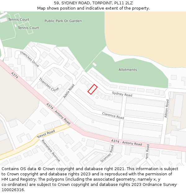 59, SYDNEY ROAD, TORPOINT, PL11 2LZ: Location map and indicative extent of plot