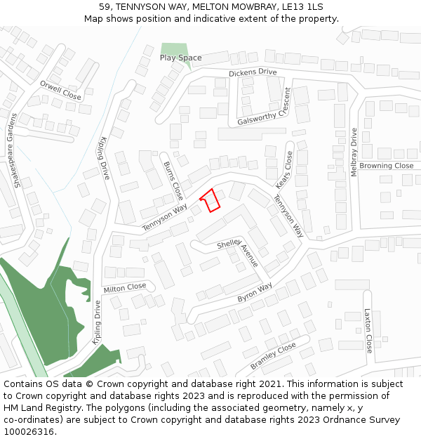 59, TENNYSON WAY, MELTON MOWBRAY, LE13 1LS: Location map and indicative extent of plot