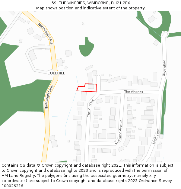 59, THE VINERIES, WIMBORNE, BH21 2PX: Location map and indicative extent of plot