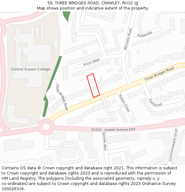 59, THREE BRIDGES ROAD, CRAWLEY, RH10 1JJ: Location map and indicative extent of plot