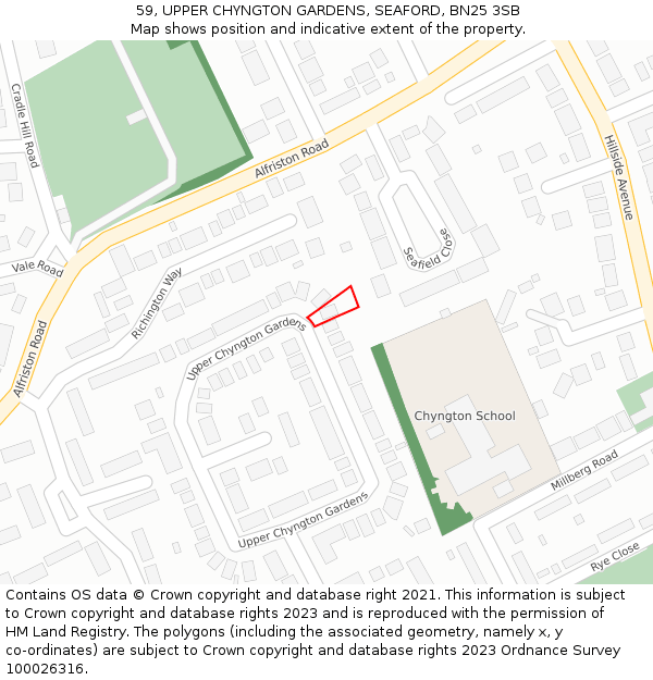 59, UPPER CHYNGTON GARDENS, SEAFORD, BN25 3SB: Location map and indicative extent of plot