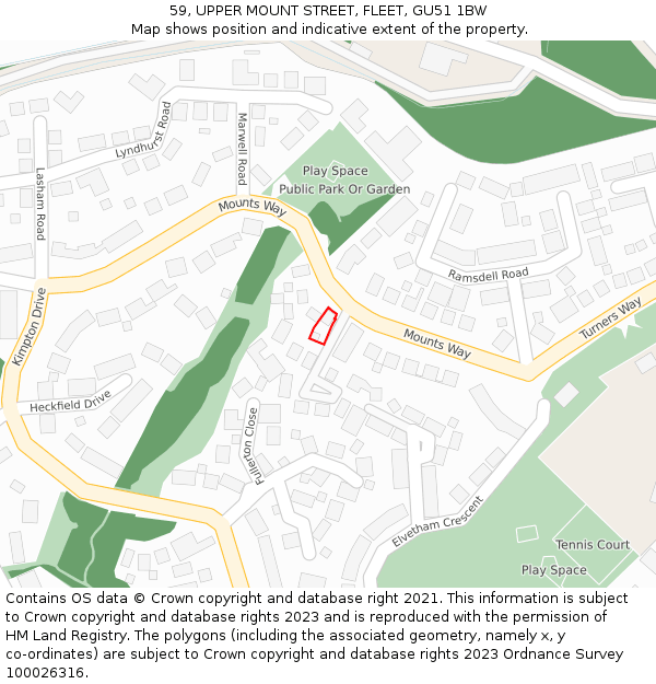 59, UPPER MOUNT STREET, FLEET, GU51 1BW: Location map and indicative extent of plot
