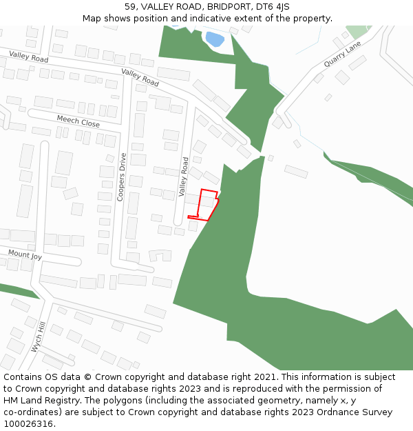 59, VALLEY ROAD, BRIDPORT, DT6 4JS: Location map and indicative extent of plot