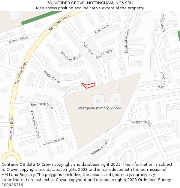 59, VERDER GROVE, NOTTINGHAM, NG5 9BH: Location map and indicative extent of plot