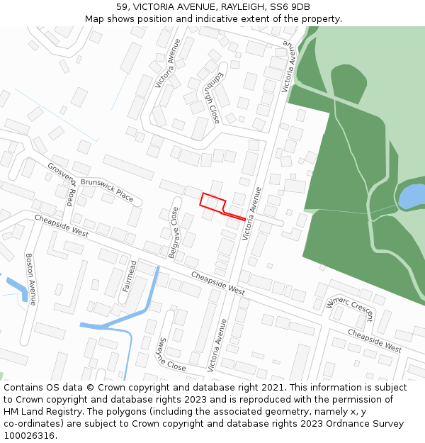 59, VICTORIA AVENUE, RAYLEIGH, SS6 9DB: Location map and indicative extent of plot