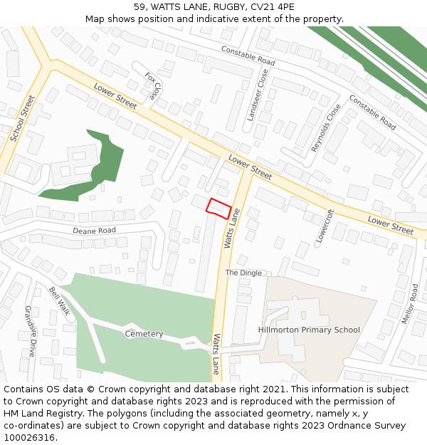 59, WATTS LANE, RUGBY, CV21 4PE: Location map and indicative extent of plot