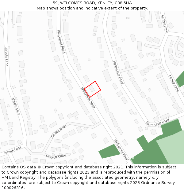 59, WELCOMES ROAD, KENLEY, CR8 5HA: Location map and indicative extent of plot