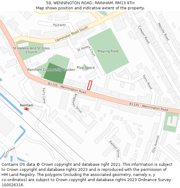 59, WENNINGTON ROAD, RAINHAM, RM13 9TH: Location map and indicative extent of plot
