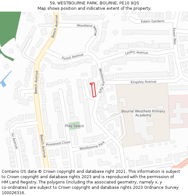 59, WESTBOURNE PARK, BOURNE, PE10 9QS: Location map and indicative extent of plot