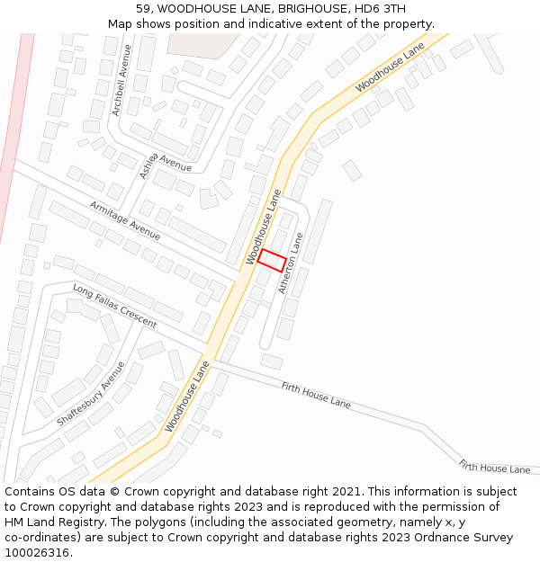 59, WOODHOUSE LANE, BRIGHOUSE, HD6 3TH: Location map and indicative extent of plot