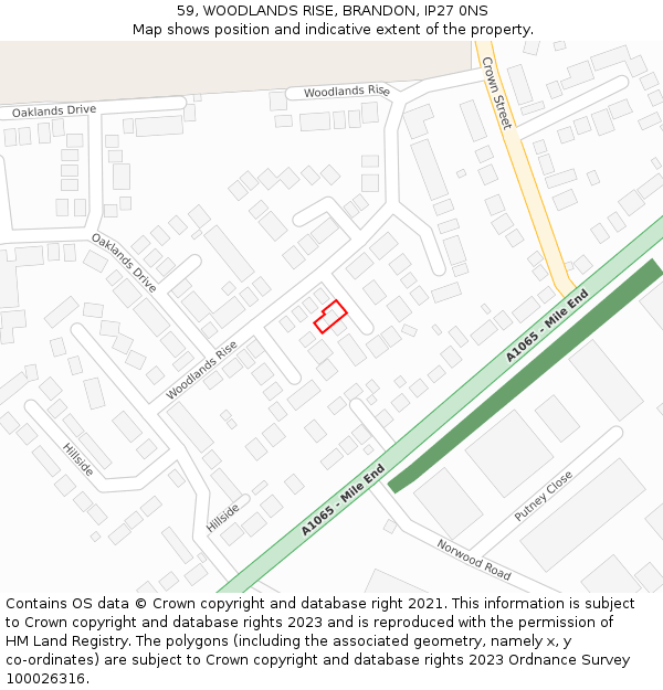 59, WOODLANDS RISE, BRANDON, IP27 0NS: Location map and indicative extent of plot