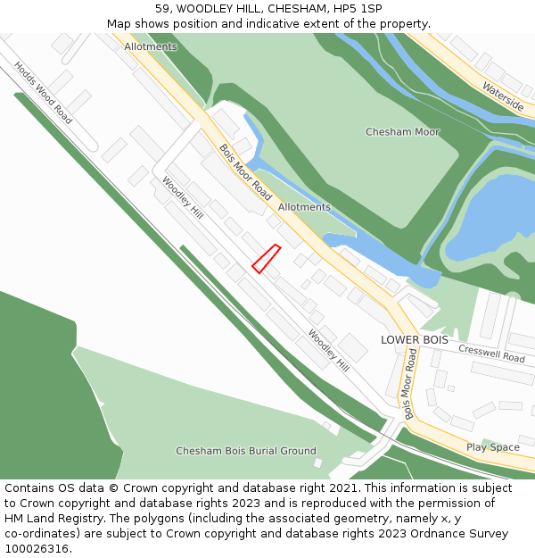 59, WOODLEY HILL, CHESHAM, HP5 1SP: Location map and indicative extent of plot