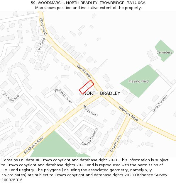 59, WOODMARSH, NORTH BRADLEY, TROWBRIDGE, BA14 0SA: Location map and indicative extent of plot