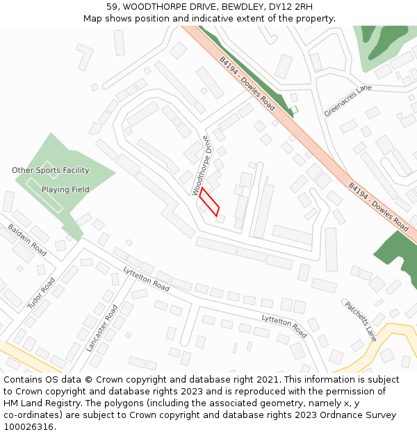 59, WOODTHORPE DRIVE, BEWDLEY, DY12 2RH: Location map and indicative extent of plot