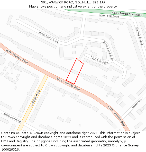 591, WARWICK ROAD, SOLIHULL, B91 1AP: Location map and indicative extent of plot