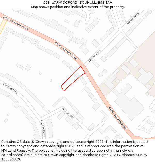 598, WARWICK ROAD, SOLIHULL, B91 1AA: Location map and indicative extent of plot