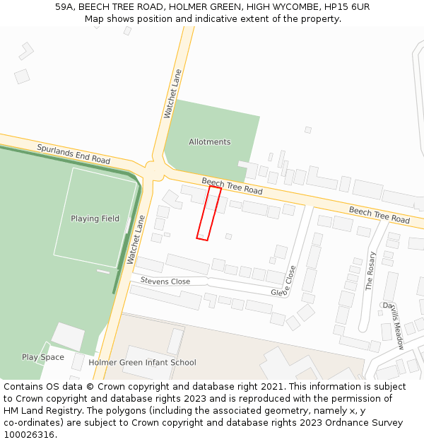 59A, BEECH TREE ROAD, HOLMER GREEN, HIGH WYCOMBE, HP15 6UR: Location map and indicative extent of plot