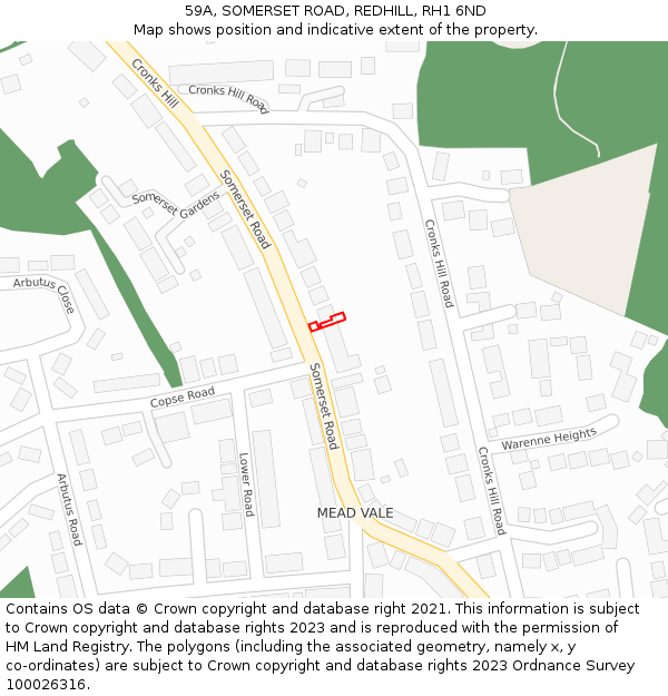 59A, SOMERSET ROAD, REDHILL, RH1 6ND: Location map and indicative extent of plot